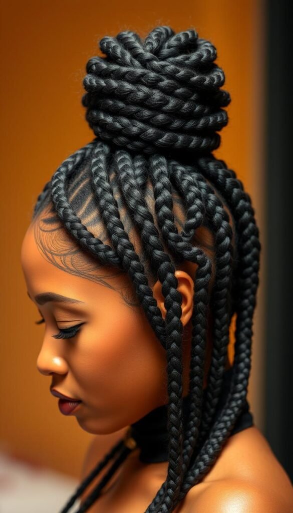 Generate an image of a woman with jumbo box braids styled in a bun