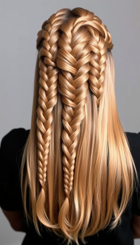 Long knotless braids flowing down the back, with a subtle shine to the hair.