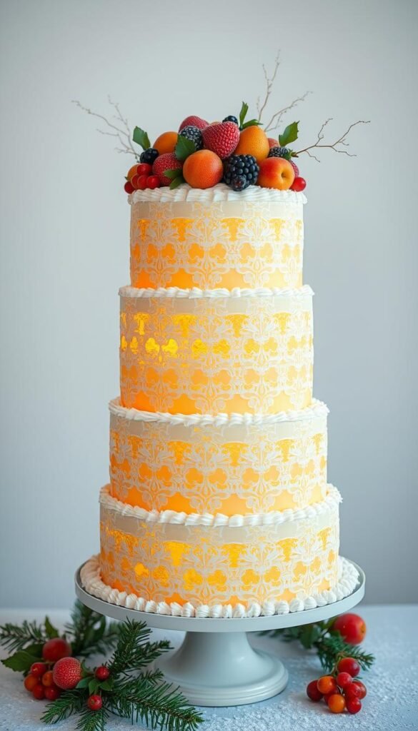 A beautifully crafted holiday cake, its surface adorned with a delicate lace pattern of intricate sugar work. The cake stands tall, lit by a warm, golden glow that emanates from within, casting a soft, inviting radiance. Elegant tiers are stacked high, their edges trimmed with delicate piping and dusted with a light layer of powdered sugar, resembling a fresh snowfall. Atop the cake, a stunning array of seasonal fruits and berries, their vibrant colors creating a striking contrast against the pristine white backdrop. The scene is captured in a crisp, high-resolution photograph, shot from a low angle to emphasize the cake's grandeur and captivating presence, inviting the viewer to indulge in its delectable splendor.