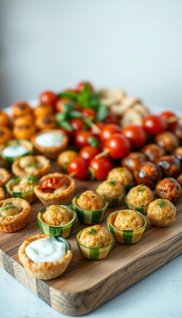A bountiful array of finger-sized appetizers arranged artfully on a rustic wooden board, set against a softly blurred background. In the foreground, an assortment of bite-sized delights - savory mini quiches, crisp cucumber cups filled with creamy dill dip, and perfectly golden-brown arancini balls. The middle ground features skewers of marinated cherry tomatoes and bite-sized meatballs glazed in a sweet and tangy sauce. Warm lighting casts a cozy glow, highlighting the textures and colors of the meticulously presented finger foods, inviting guests to indulge in this effortless, yet elegant spread.