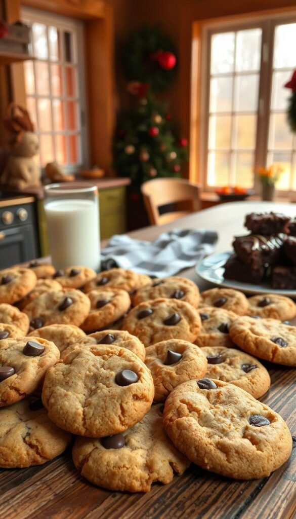 A bountiful display of freshly baked cookies, golden-brown and crisp around the edges, sits on a rustic wooden table. The foreground showcases an assortment of classic favorites like chocolate chip, snickerdoodle, and peanut butter, their aroma wafting through the cozy kitchen. In the middle ground, a glass of cold milk and a plate of gooey, chocolate-drizzled brownies add to the tempting spread. The background features a warm, autumnal setting with a soft, hazy light filtering through a bay window, setting an inviting and festive mood perfect for the holiday season.