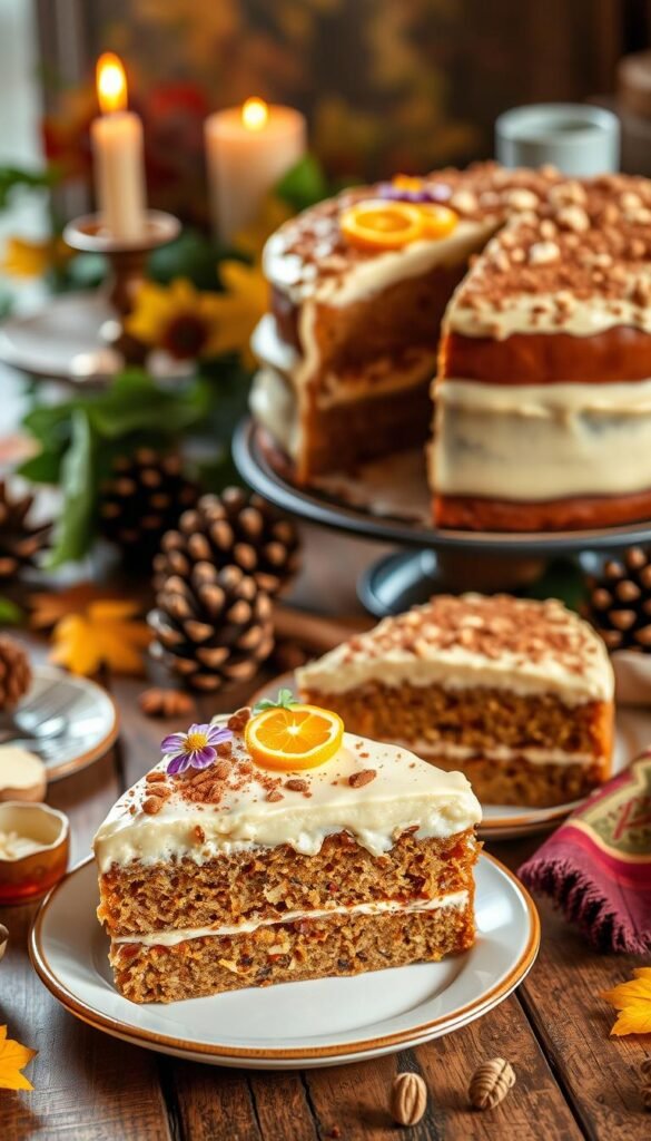 A bountiful fall cake served on a rustic wooden table, surrounded by seasonal accents. In the foreground, a generous slice of moist, spice-infused cake with a rich, creamy frosting, garnished with delicate edible flowers and vibrant orange slices. The middle ground features a full cake, its layers crowned with a dusting of cinnamon and a sprinkle of crushed nuts. In the background, a cozy arrangement of autumnal foliage, pinecones, and a flickering candle create a warm, inviting atmosphere. Soft, natural lighting casts a golden glow, emphasizing the cake's homemade charm. The scene evokes the comforting flavors and festive spirit of the fall season, perfectly capturing the essence of a delightful cake serving suggestion.