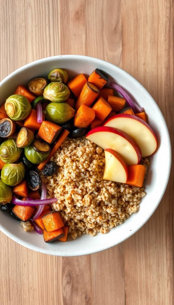 A bountiful harvest grain bowl, overflowing with an artful arrangement of roasted vegetables, vibrant fruits, and wholesome grains. In the foreground, a mix of tender roasted Brussels sprouts, carrots, and red onions, their caramelized edges catching the warm, golden light. Nestled among the veggies, juicy apple slices add a pop of sweetness and autumnal charm. The middle ground features a generous scoop of nutty, fiber-rich quinoa, its fluffy texture contrasting with the crunchy toppings. In the background, a subtly textured wooden surface provides an earthy, rustic backdrop, enhancing the harvest-inspired mood. The entire scene is bathed in a soft, diffused lighting, creating a cozy, inviting atmosphere perfect for an easy, nutritious fall lunch.