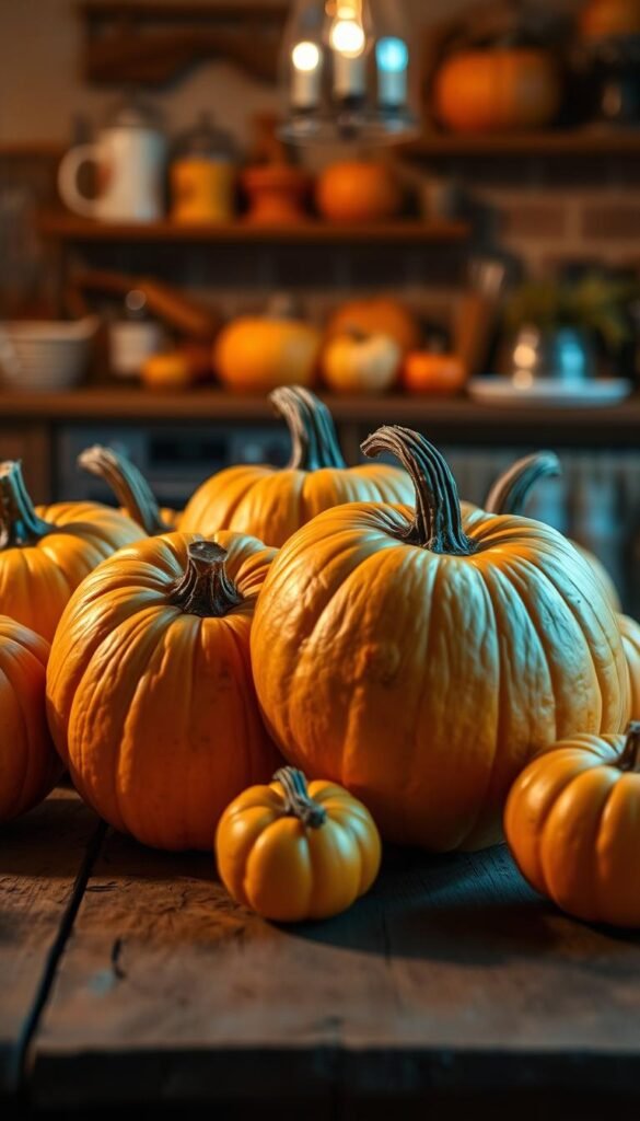 A bountiful harvest of ripe, golden pumpkins sits atop a rustic wooden table, bathed in warm, ambient lighting. The pumpkins' smooth, velvety skin glistens, inviting a touch. In the background, a cozy kitchen scene unfolds, hinting at the delectable pumpkin treats soon to emerge. The composition evokes a sense of autumn's bounty and the comforting traditions of the season, setting the stage for a mouthwatering pumpkin-centric dessert showcase.