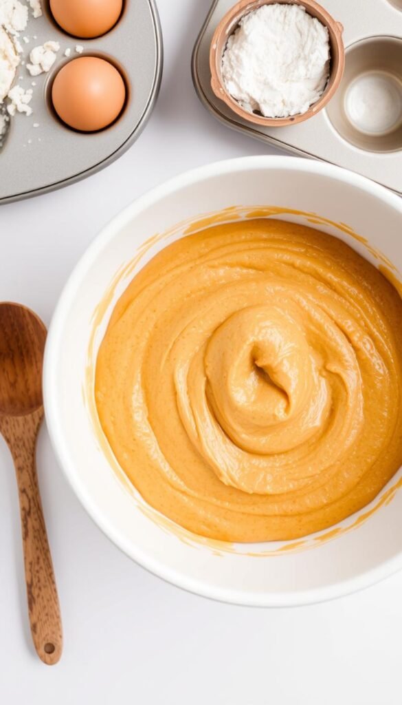 A brightly lit, close-up view of a clean, white mixing bowl filled with pumpkin muffin batter, surrounded by a few key ingredients like freshly cracked eggs, a measuring cup of flour, and a wooden spoon. The batter should have a smooth, uniform texture, ready to be scooped into a muffin tin. The lighting should be soft and evenly diffused, creating a warm, inviting atmosphere. The overall composition should feel organized and methodical, emphasizing the "foolproof" nature of the process.
