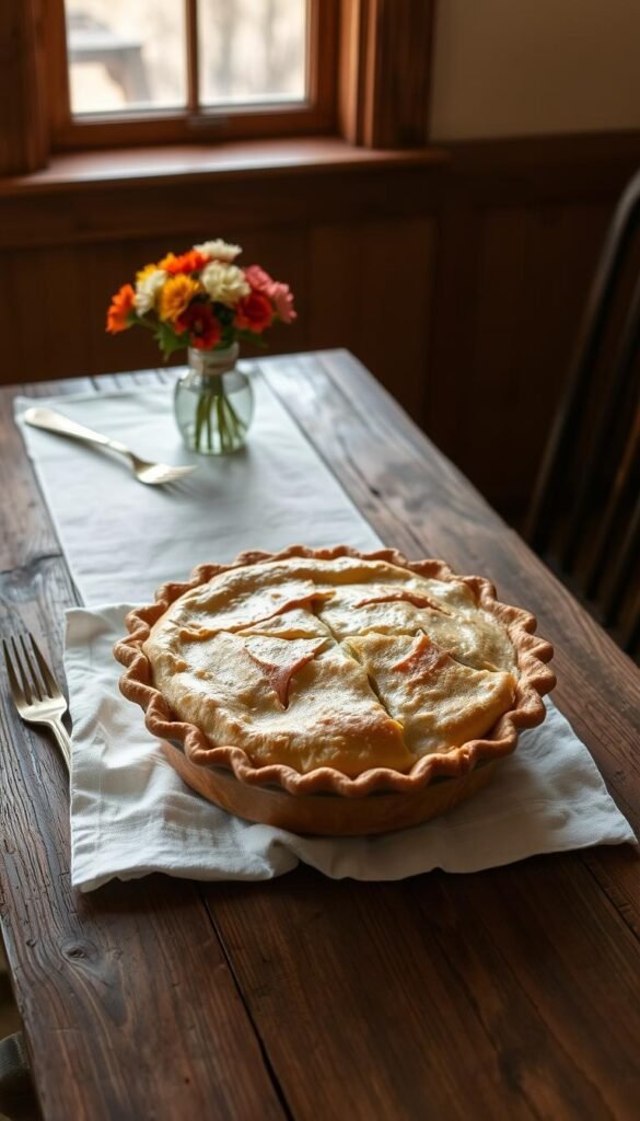 A classic homemade pie sitting on a weathered wooden table, illuminated by warm natural light from a nearby window. The pie's golden-brown crust is flaky and inviting, with a rich, fragrant filling peeking through. The table is set with a simple white linen cloth, a small vase of autumn flowers, and a worn, antique fork. The scene evokes a sense of timeless comfort and nostalgia, capturing the essence of a beloved "grandma classic" dessert.