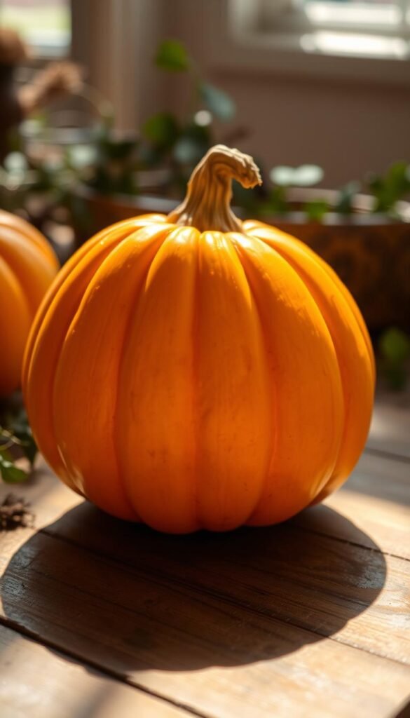 A close-up, high-resolution photograph of a beautifully plump and vibrant butternut squash, its creamy orange skin gleaming under warm natural lighting. The squash is positioned in the foreground, casting a soft shadow on a rustic wooden surface. The background is softly blurred, suggesting a cozy, autumn-inspired setting, perhaps with hints of greenery or dried foliage. The image conveys a sense of homely comfort and seasonal abundance, perfectly suited to illustrate a recipe for a hearty, stuffed butternut squash dish.