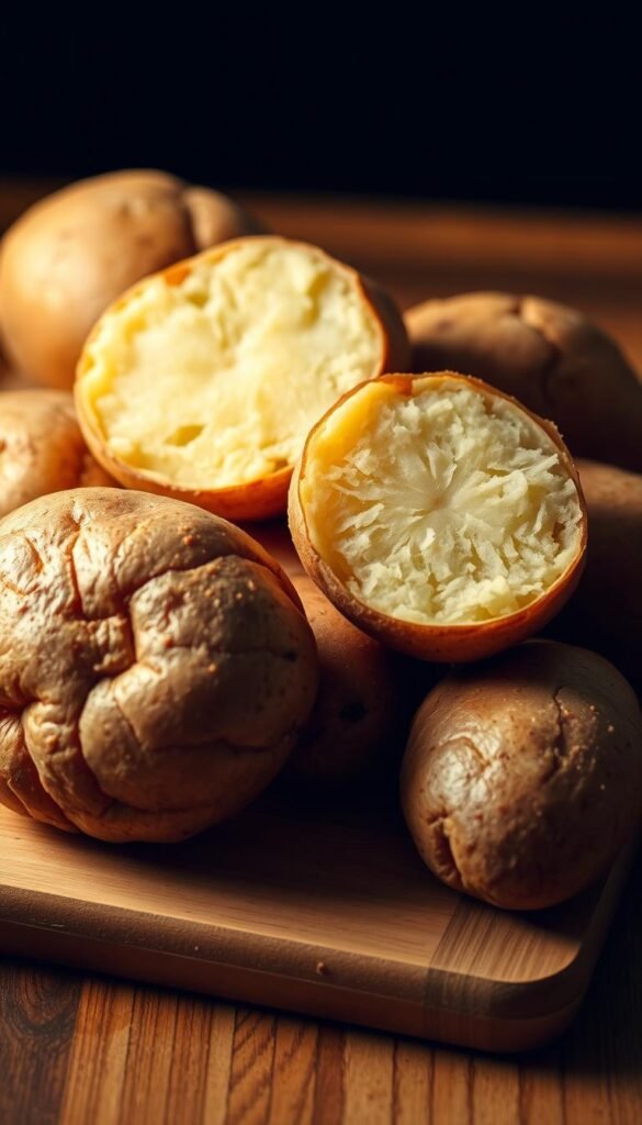 A close-up of several russet potatoes, freshly scrubbed and glistening, sitting atop a wooden cutting board. The potatoes are arranged in a pleasing, asymmetrical composition, with some halved to reveal their fluffy, starch-filled interiors. Warm, directional lighting casts gentle shadows, highlighting the rough, earthy texture of the potato skins. The background is blurred, creating a sense of focus on the delicious, autumn-ready potatoes. The mood is cozy, inviting, and evocative of hearty, comforting fall flavors.