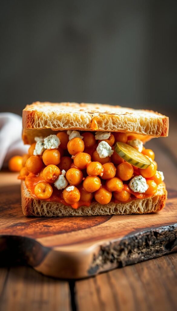 A close-up photograph of a delectable buffalo chickpea sandwich, freshly assembled on a rustic wooden board. The sandwich features thick-cut slices of hearty bread, lightly toasted to a golden-brown hue. Nestled between the slices are tender, seasoned chickpeas coated in a tangy buffalo sauce, contrasted by cool, creamy blue cheese crumbles and crunchy, tart pickles. The lighting is soft and natural, casting a warm, inviting glow over the scene. The composition is centered, highlighting the sandwich's layers and textures, with a minimalist background that allows the dish to take center stage.