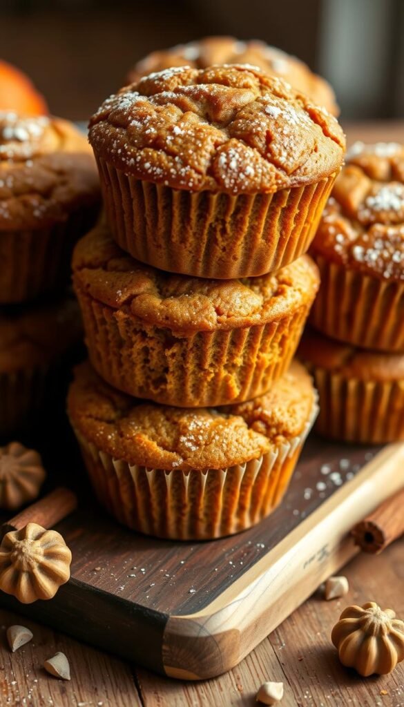 A close-up photograph of a stack of freshly baked pumpkin muffins with a soft, moist crumb and a delicate, golden-brown crust. The muffins are arranged on a rustic wooden board, their tops dusted with a light sprinkling of powdered sugar. The scene is bathed in warm, natural lighting, creating a cozy, inviting atmosphere. The muffins are surrounded by a few scattered cinnamon sticks and whole nutmegs, hinting at the aromatic spices used in their preparation. The composition emphasizes the muffins' homemade, artisanal quality, perfectly capturing the essence of essential ingredients for the best pumpkin bread-style muffins.