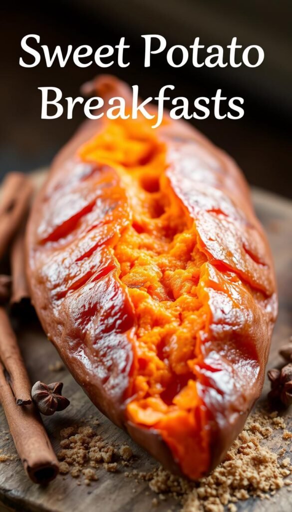 A close-up shot of a beautifully roasted and caramelized sweet potato, its vibrant orange flesh glistening with a light glaze. The potato is placed on a rustic wooden board, surrounded by warm, autumnal hues - cinnamon sticks, whole cloves, and a sprinkling of brown sugar. Soft, natural lighting illuminates the scene, casting gentle shadows and creating a cozy, inviting atmosphere. The image evokes the comforting flavors and aromas of a fall-inspired breakfast, perfectly capturing the essence of the "Sweet Potato Breakfasts Beyond the Basics" section.
