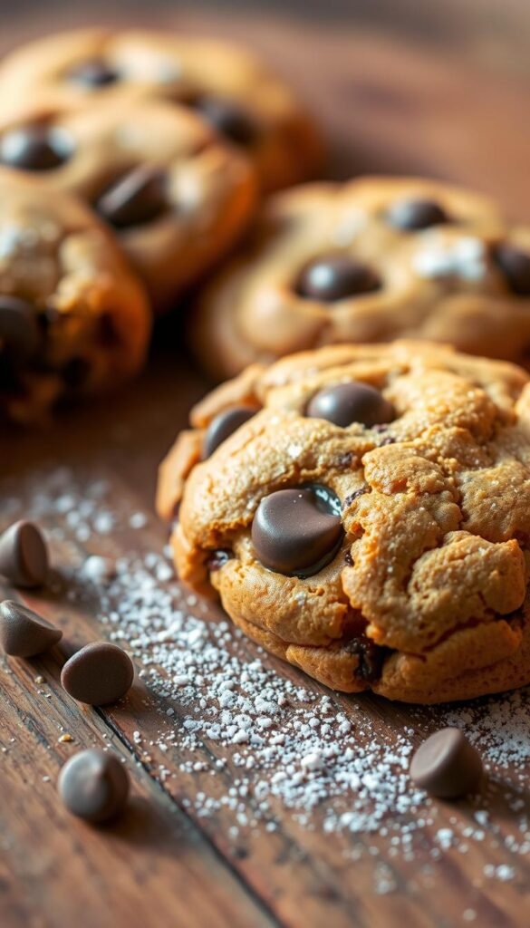 A close-up shot of a freshly baked pumpkin chocolate chip cookie, with a soft, cakey texture and a rich, molten chocolate center. The cookie is resting on a rustic wooden surface, with a light dusting of powdered sugar and a few stray chocolate chips scattered around it. The lighting is warm and natural, casting a golden glow on the cookie and creating a cozy, autumnal atmosphere. The camera angle is slightly elevated, capturing the cookie's enticing details and inviting the viewer to take a bite. The depth of field is shallow, keeping the cookie in sharp focus while the background is softly blurred, emphasizing the star of the scene.
