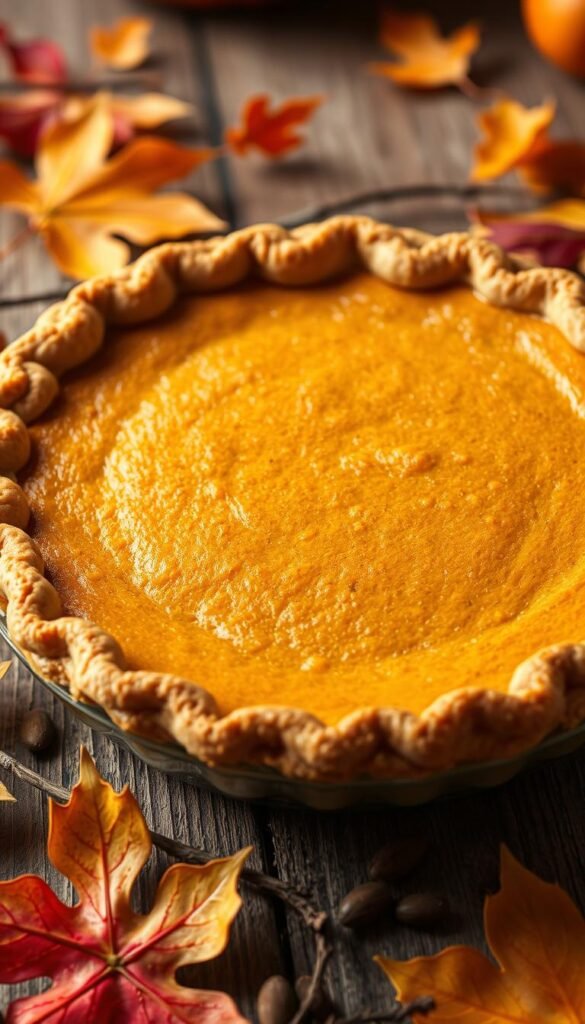 A close-up shot of a freshly baked pumpkin pie, its golden crust gleaming under soft, warm lighting. The filling is a rich, creamy orange, with hints of cinnamon and nutmeg wafting from the surface. The pie is presented on a rustic wooden table, surrounded by fall foliage - colorful leaves, twigs, and a few stray pumpkin seeds. The composition is balanced, with the pie as the central focus, drawing the viewer's eye to the delectable treat. The overall mood is cozy, inviting, and evocative of the flavors and aromas of an autumnal baking session.
