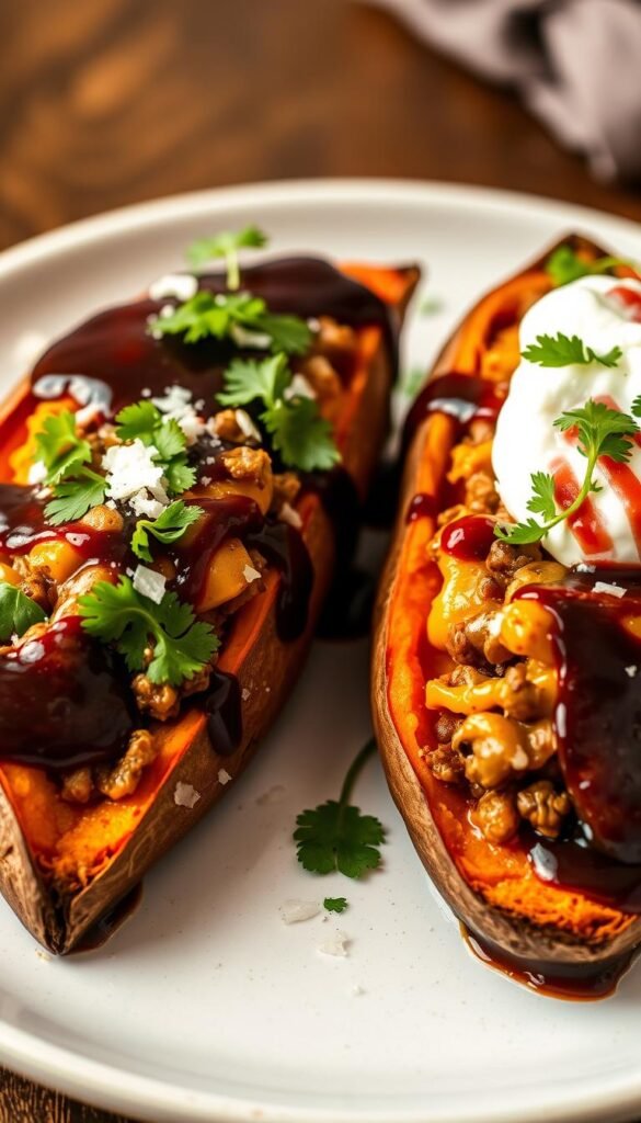 A close-up shot of a plate showcasing two enchilada-style stuffed sweet potatoes. The potatoes are halved lengthwise, revealing the creamy filling of seasoned ground beef, melted cheese, and spices. The vibrant orange flesh of the sweet potatoes contrasts beautifully with the dark enchilada sauce drizzled over the top. Garnished with fresh cilantro sprigs, a sprinkle of cotija cheese, and a dollop of cool sour cream. Soft, warm lighting illuminates the dish, creating an appetizing and autumnal atmosphere.