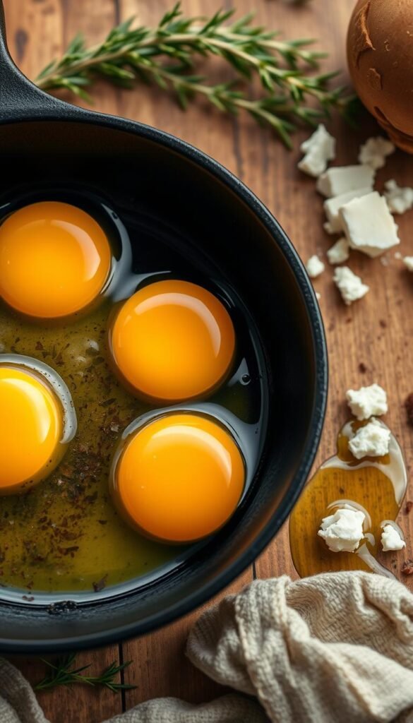 A close-up view of a rustic breakfast scene featuring a selection of freshly cooked eggs. The eggs are presented in a cast-iron skillet, with their golden yolks glistening under soft, warm lighting. The skillet is placed on a wooden table, surrounded by natural elements like sprigs of thyme, crumbled feta cheese, and a drizzle of olive oil. The overall mood is cozy and inviting, capturing the essence of a comforting, protein-packed start to the day. The composition is well-balanced, with the eggs as the focal point, and the supporting elements complementing the scene without distracting from the main subject.