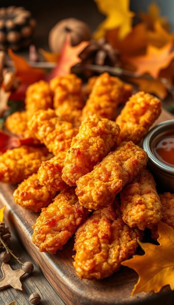 A close-up view of freshly air-fried finger foods, crispy and golden-brown on the outside, with a tender, juicy interior. The food is presented on a rustic wooden board, surrounded by vibrant fall foliage and seasonal accents like dried herbs, spices, and perhaps a small dish of dipping sauce. The lighting is warm and inviting, creating a cozy, autumnal atmosphere. The camera angle is slightly elevated, emphasizing the texture and appeal of the air-fried "fingers." The overall composition and styling convey a sense of homemade, comforting indulgence perfect for a football game or holiday party.