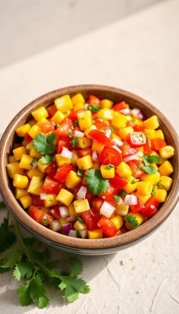 A colorful and appetizing bowl of homemade corn salsa, featuring fresh yellow corn kernels, diced tomatoes, minced red onion, chopped cilantro, and a light drizzle of lime juice. The salsa is artfully arranged in a rustic ceramic bowl, set against a neutral background that showcases its vibrant hues. The lighting is soft and natural, casting a warm glow on the ingredients and highlighting their fresh, summertime appeal. The composition is balanced and visually appealing, making this no-cook, make-ahead tailgating recipe an ideal choice for fall football games and holiday parties.