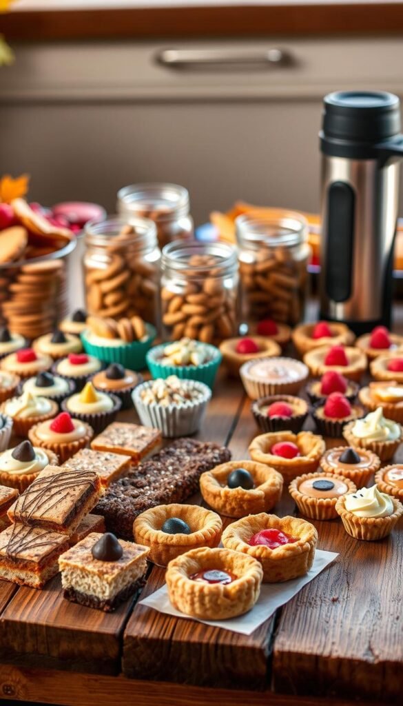 A colorful assortment of portable desserts laid out on a rustic wooden table, with a warm, cozy atmosphere. In the foreground, a selection of bite-sized treats like mini cupcakes, cookie bars, and bite-sized fruit tarts, all neatly arranged. In the middle ground, a few jars of freshly baked cookies and a thermos of hot chocolate, hinting at the perfect tailgate or holiday party spread. The background features a soft, natural lighting, creating a welcoming and inviting ambiance. The overall scene evokes a sense of comfort, convenience, and the joy of shared desserts on a cool autumn day.