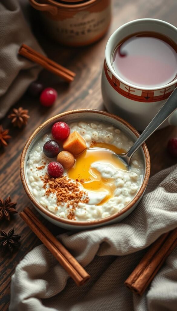 A comforting bowl of creamy oatmeal, garnished with a generous sprinkle of cinnamon, a drizzle of golden honey, and a scattering of fresh autumn berries. The oats are cooked to a perfect, velvety texture, with a hint of vanilla essence. The bowl is nestled on a rustic wooden surface, surrounded by a cozy arrangement of warming spices, fragrant cinnamon sticks, and a steaming mug of aromatic herbal tea. Soft, diffused lighting casts a gentle glow, creating a welcoming, inviting atmosphere perfect for a cozy fall morning. The overall scene exudes a sense of comfort, nourishment, and the comforting flavors of the season.