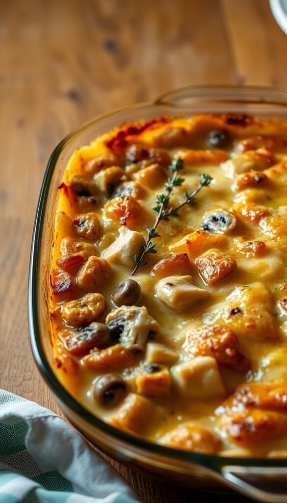 A comforting casserole sits atop a wooden table, steam gently rising from its golden, bubbly surface. The creamy interior is visible through the glass baking dish, revealing tender chunks of chicken, mushrooms, and root vegetables. Delicate sprigs of fresh thyme and parsley adorn the casserole, adding a rustic, homemade touch. The lighting is soft and warm, creating a cozy, inviting atmosphere. The scene is captured from a slightly elevated angle, highlighting the hearty, satisfying nature of this crowd-pleasing brunch dish.