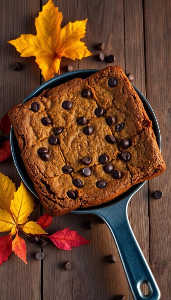 A cozy and inviting one-pan pumpkin chocolate chip bars on a rustic wooden surface, bathed in warm, golden-hour lighting. The bars have a moist, dense texture with a crackly top and chunks of melted chocolate peeking through. Dried autumn leaves and a few stray chocolate chips are scattered around the pan, creating a homemade, fall-inspired scene. The composition is simple yet appealing, drawing the viewer's eye to the rich, autumnal treat. The overall mood is comforting and nostalgic, capturing the essence of a perfect fall baking project.