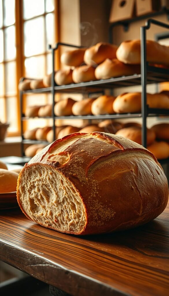 A cozy, artisanal bakery scene with a fresh loaf of rustic whole wheat bread on a wooden table, illuminated by warm, natural lighting from a large window. The bread has a golden-brown crust, with a soft, airy interior. Wisps of steam rise from the loaf, conveying its just-baked freshness. In the background, a rack of assorted baked goods, including fluffy dinner rolls and crusty baguettes, sets the stage for a comforting autumn day. The overall atmosphere is one of hominess, nourishment, and the simple pleasures of handcrafted baked goods.