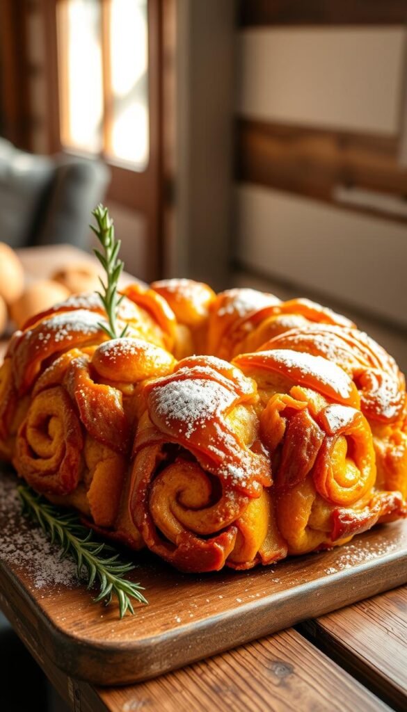 A cozy, autumn-inspired pumpkin monkey bread, fresh from the oven, sits on a rustic wooden table. The soft, golden dough is dotted with swirls of orange pumpkin and cinnamon, glistening with a sticky, caramelized glaze. Warm light filters through a nearby window, casting a gentle glow over the tempting pull-apart treats. Sprigs of fragrant rosemary and a light dusting of powdered sugar add the final touches to this irresistible, seasonal delight.
