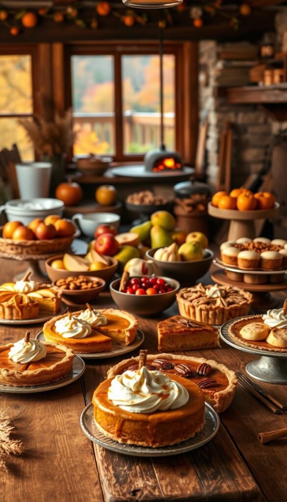A cozy autumn kitchen scene filled with an assortment of tempting fall desserts. In the foreground, a rustic wooden table showcases a variety of pies, tarts, and cakes, including pumpkin, apple, and pecan varieties, adorned with whipped cream, caramel drizzle, and cinnamon sticks. Soft, warm lighting casts a golden glow, enhancing the rich autumnal colors of the desserts. In the middle ground, bowls of freshly harvested apples, pears, and cranberries sit alongside baking ingredients like flour, sugar, and spices. The background features a cozy fireplace, with flickering flames casting dancing shadows, and a window overlooking a scenic fall landscape of vibrant foliage. The overall atmosphere evokes the comforting and inviting feeling of a quintessential fall baking session.