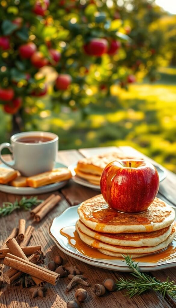 A cozy autumn morning, a rustic wooden table bathed in warm, golden light. In the foreground, a vibrant red apple rests atop a stack of buttery, maple-drizzled pancakes, its crisp skin and juicy flesh beckoning. Surrounding the apple, a scattering of cinnamon sticks, whole cloves, and fresh sprigs of rosemary evoke the comforting aromas of the season. In the middle ground, a steaming mug of fragrant apple cider sits alongside a plate of fresh, flaky pastries. The background fades into a softly blurred scene of an orchard, its trees heavy with bountiful fruit, creating a sense of abundance and comfort.