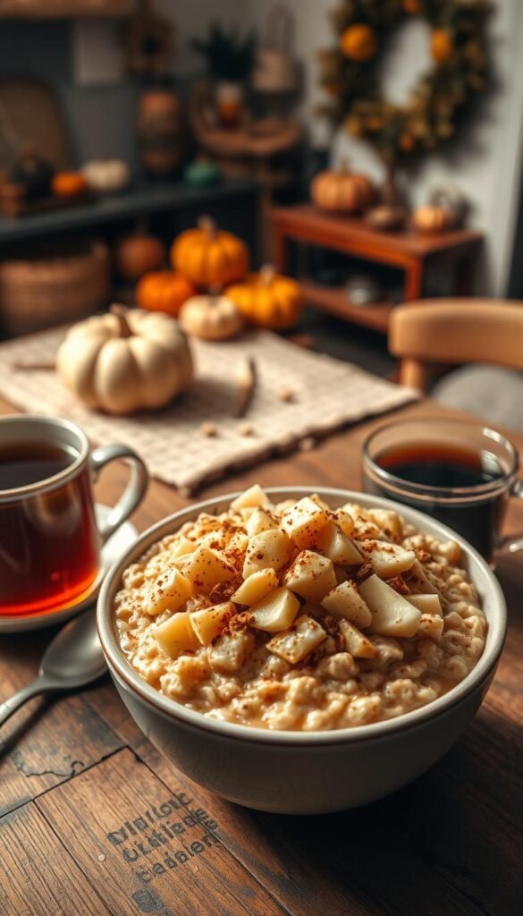 A cozy autumn morning scene featuring a steaming bowl of apple cinnamon oatmeal. The oatmeal is golden and creamy, topped with diced apples, a sprinkle of cinnamon, and a drizzle of honey. The bowl is set on a rustic wooden table, accompanied by a mug of aromatic black tea. Warm, soft lighting illuminates the scene, casting a gentle glow. In the background, a glimpse of a cozy kitchen with autumn-inspired decor, such as gourds, pumpkins, and a wreath on the wall. The overall mood is one of comfort, coziness, and the welcoming flavors of the fall season.