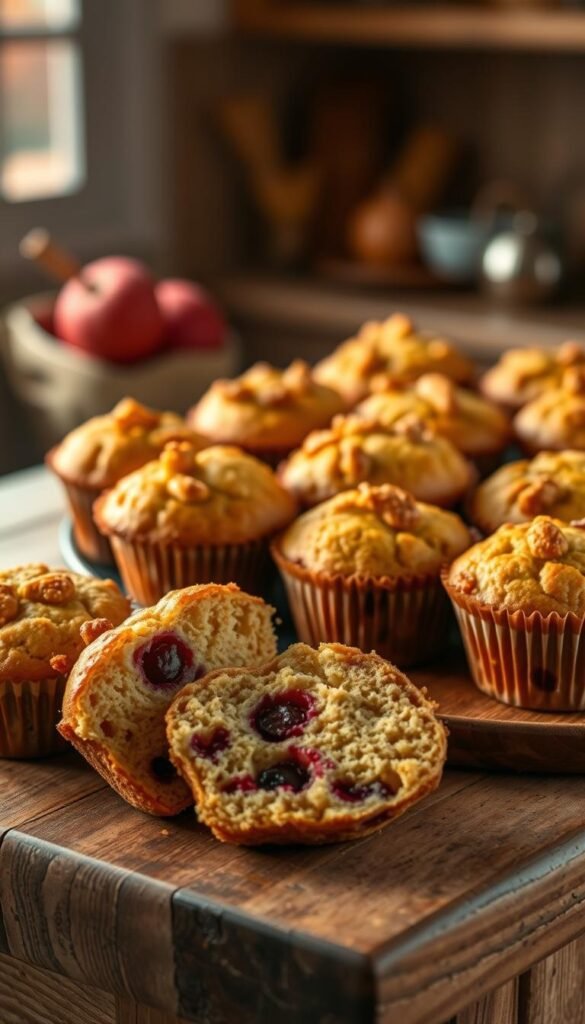 A cozy autumn morning, soft warm lighting illuminates a platter of freshly baked breakfast muffins. The muffins, golden-brown with crunchy tops, are arranged artfully, their aroma wafting through the air. In the foreground, a few muffins are cut in half, revealing their tender, fluffy interiors, dotted with juicy berries or cinnamon-sugar swirls. The middle ground features a rustic wooden table, its surface slightly worn, providing a natural, earthy backdrop. In the background, a subtle, hazy blur suggests a cozy kitchen setting, perhaps with a glimpse of a window overlooking an autumnal landscape. The overall scene evokes a sense of comfort, coziness and the inviting warmth of a Fall morning.