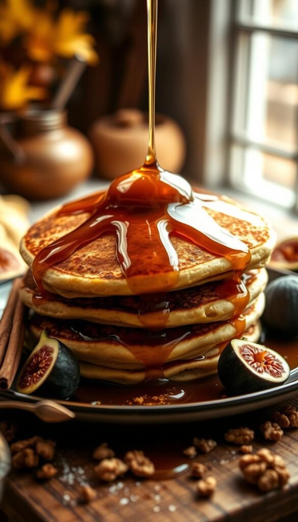 A cozy autumn morning with a stack of fluffy, golden-brown pancakes drizzled in rich maple syrup, surrounded by seasonal ingredients like cinnamon sticks, fresh figs, and a sprinkle of toasted walnuts. The pancakes are lit by warm, soft lighting, creating a welcoming, inviting atmosphere. The camera angle is slightly elevated, capturing the delectable details of the breakfast spread, with a blurred, cozy background hinting at a cozy, rustic kitchen setting.