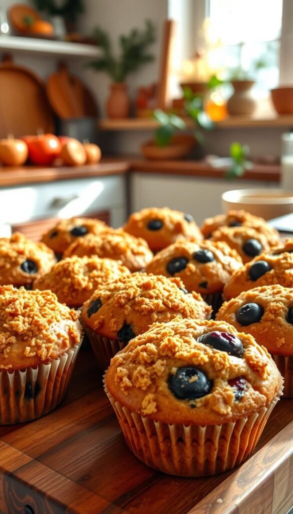 A cozy autumn morning with a tray of freshly baked muffins. In the foreground, a variety of muffins - some with streusel topping, others with plump blueberries or chunks of apple. The muffins are arranged on a rustic wooden tray, the golden crumbs glistening under soft, natural lighting. In the background, a glimpse of a cozy kitchen with warm, earthy tones, a touch of greenery, and the inviting aroma of cinnamon and spices. The overall scene exudes a sense of comfort and homemade goodness, perfect for a relaxed fall breakfast or holiday brunch.