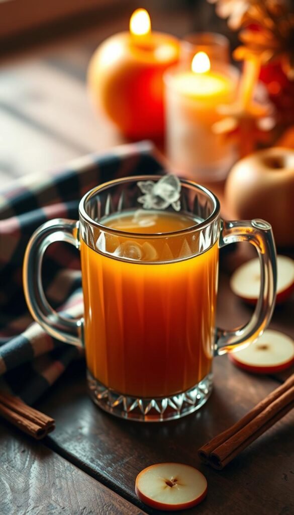 A cozy autumn scene showcasing a glass mug filled with rich, golden apple cider. Warm lighting casts a soft glow, highlighting the mug's crystalline surface and the steam rising from the aromatic liquid. In the background, a wooden table is adorned with a plaid cloth, complemented by a few stray apple slices and cinnamon sticks, creating a rustic, inviting atmosphere. The mug is positioned prominently, its reflection capturing the warmth and comfort of this quintessential fall beverage. The overall mood is one of seasonal delight, perfectly capturing the essence of "Apple & Apple Cider Essentials" for a cozy holiday spread.
