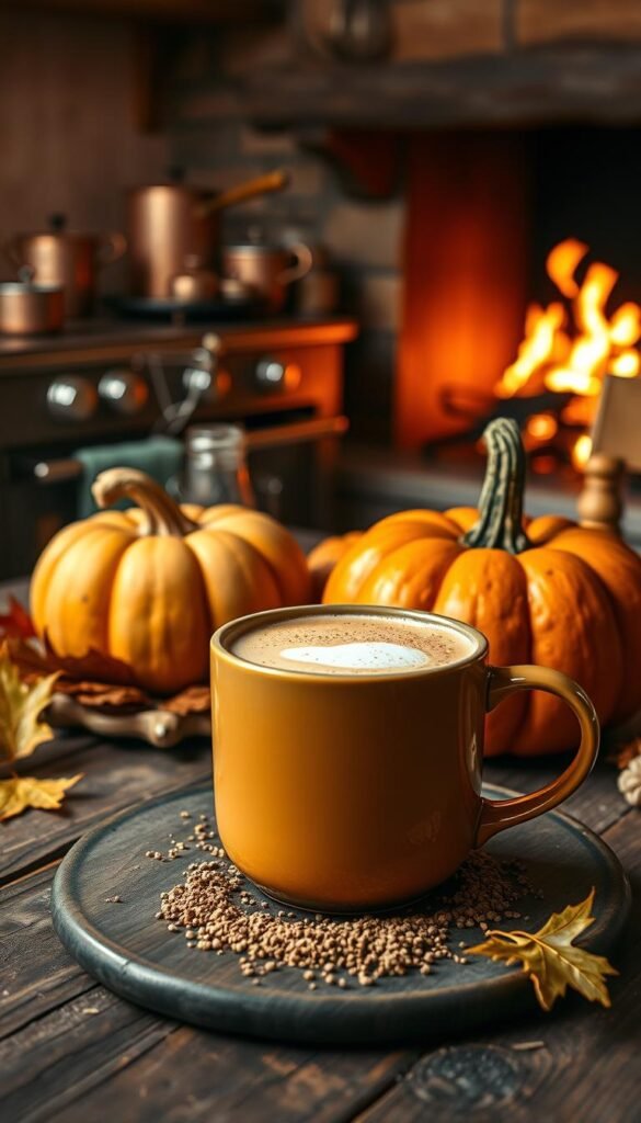 A cozy autumn still life of a pumpkin spice latte, with a steaming mug set on a rustic wooden table. The foreground features the mug's swirling foam and sprinkling of nutmeg, while in the middle ground, a plump pumpkin and seasonal foliage surround the table. The background showcases a warm, softly-lit kitchen, with hints of copper cookware and a crackling fireplace. The overall mood is one of comforting, homespun fall elegance, capturing the essence of "how to maximize fall flavor at home."
