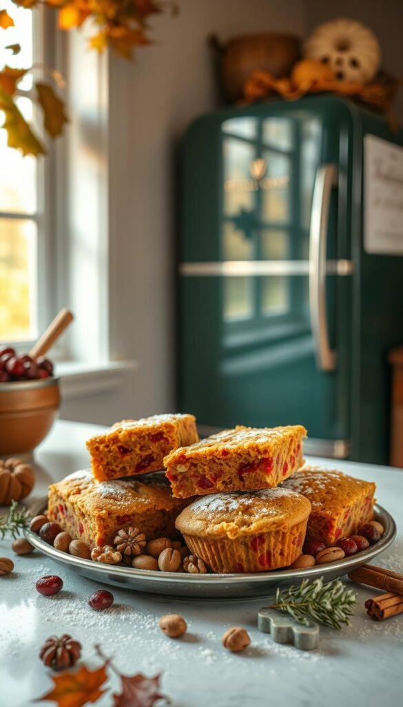 A cozy autumnal kitchen counter, adorned with a platter of freshly baked fall cakes. The cakes, layered with golden brown crumbs, vibrant orange and red hues, and a dusting of powdered sugar, sit nestled among an arrangement of walnuts, dried cranberries, and cinnamon sticks. Soft, warm lighting from a nearby window casts a gentle glow, highlighting the rich textures and inviting aromas. In the background, a vintage refrigerator in a deep forest green hue stands ready to preserve the cakes for future enjoyment. The scene exudes a sense of comforting domesticity and the spirit of the fall season.