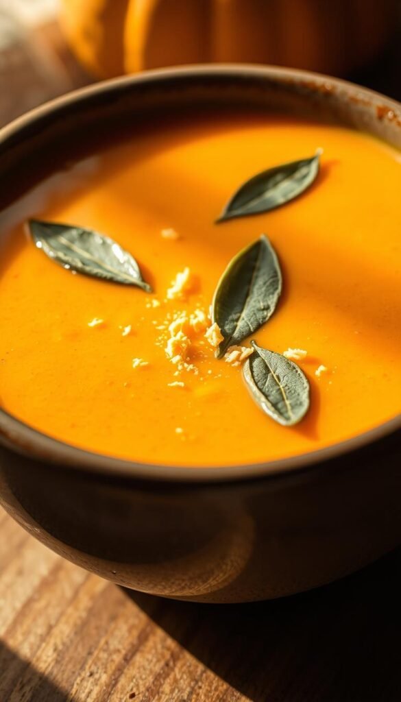 A cozy bowl of homemade butternut squash soup, its vibrant orange hue glistening under warm, diffused lighting. Slivers of fresh sage leaves and grated ginger float atop the velvety puree, adding depth of flavor and a touch of autumnal warmth. The scene is captured from a close, angled perspective, drawing the viewer in to savor the aroma and silky texture of this comforting, seasonal delight. Soft shadows pool around the bowl, creating an intimate, inviting atmosphere perfect for a chilly fall day.
