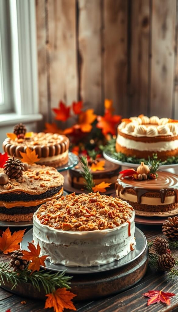 A cozy, inviting scene of an autumn-themed cake display. In the foreground, an assortment of delectable fall cakes arranged on a wooden table, adorned with vibrant leaves, pinecones, and sprigs of rosemary. The cakes feature rich autumnal flavors like pumpkin, spice, and caramel, their textures ranging from moist and crumbly to silky smooth. Soft, natural lighting from a nearby window casts a warm glow, highlighting the intricate details of the cakes and their seasonal garnishes. In the middle ground, a backdrop of a rustic, weathered wooden wall adds depth and character to the scene. The overall atmosphere evokes the comforting embrace of a cherished holiday gathering, perfectly capturing the essence of the "Best Fall Cake Recipes for Holiday Celebrations".