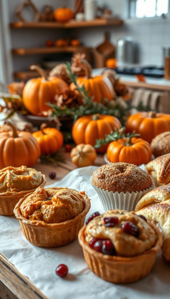 A cozy, inviting scene of delectable "better-for-you bakes" with warm autumn tones. In the foreground, an artfully arranged display of flaky, golden-crusted pumpkin hand pies, hearty whole-grain muffins studded with tart cranberries, and tender, cinnamon-dusted apple turnovers. Soft, diffused lighting casts a gentle glow, highlighting the enticing textures and rich fall flavors. In the middle ground, a rustic wooden table is adorned with a seasonal centerpiece of vibrant orange pumpkins, dried leaves, and sprigs of rosemary. The background features a softly blurred view of a cozy kitchen, hinting at the comforting aromas of baking. An overall mood of warmth, nourishment, and autumnal coziness pervades the scene.