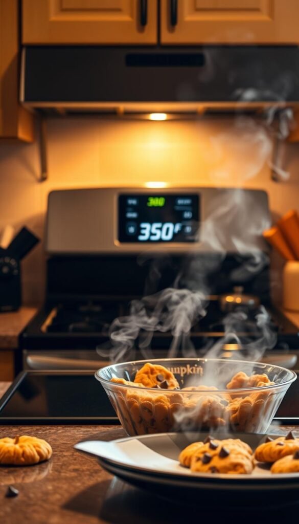 A cozy kitchen counter, bathed in warm, diffused lighting. In the center, a modern oven with a digital display set to 350°F, signaling the perfect temperature for baking. Wisps of steam and the tantalizing aroma of freshly mixed pumpkin and chocolate chip cookie dough waft through the air, inviting the viewer to imagine the delectable treats soon to emerge. The scene exudes a sense of autumn comfort and homemade indulgence, setting the stage for the delightful pumpkin chocolate chip cookie recipes to come.