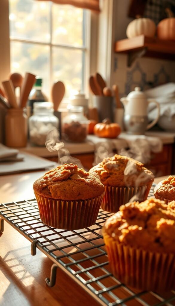A cozy kitchen counter, bathed in warm, natural light filtering through a window. Freshly baked pumpkin muffins, their tops lightly golden and irresistibly crumbly, sit atop a wire cooling rack, steam gently rising. The muffins exude an inviting aroma of cinnamon, nutmeg, and the distinct sweetness of pumpkin. In the background, a collection of baking supplies and utensils, hinting at the care and attention that went into their preparation. The scene conveys a sense of domestic tranquility and the promise of a delightful autumn morning.