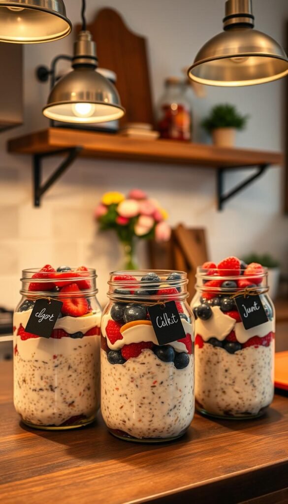 A cozy kitchen counter with three Mason jars filled with layered overnight oats, yogurt, and fresh berries. The jars are adorned with simple handwritten labels on chalkboard tags. Soft, warm lighting from pendant fixtures casts a comforting glow, creating an inviting atmosphere. In the background, a rustic wooden shelf holds additional jars, a vase of fresh flowers, and a small potted plant. The overall scene evokes a sense of homemade, make-ahead convenience perfect for busy mornings or holiday brunches.