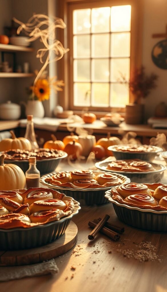 A cozy kitchen scene in warm autumn tones. In the foreground, a table laden with freshly baked treats - flaky pies, gooey cinnamon rolls, and golden-crusted bread. Wisps of steam rise from the dishes, filling the air with the comforting aroma of spices and caramelized sugar. In the middle ground, a few scattered ingredients - pumpkins, apples, cinnamon sticks, and a bowl of flour - add to the homey, rustic atmosphere. The background is softly lit, with a large window letting in the golden afternoon light, casting a warm glow over the scene. The overall mood is one of inviting comfort and the joys of fall baking.