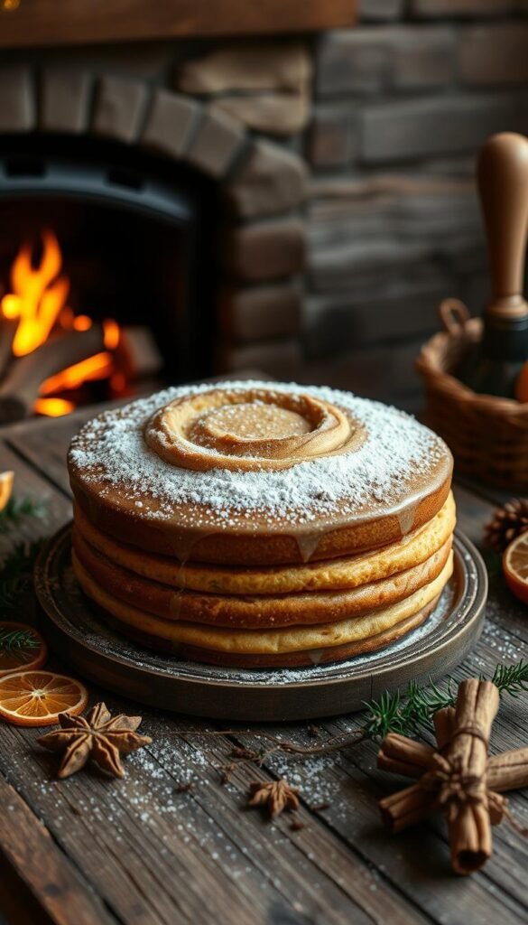 A cozy, old-fashioned cake sits on a rustic wooden table, its golden-brown top dusted with powdered sugar. Warm lighting from a nearby fireplace casts a soft, inviting glow, creating a sense of comfort and nostalgia. The cake's layers are moist and tender, with a hint of cinnamon and nutmeg wafting through the air. Surrounding the cake are seasonal accents, such as dried orange slices, cinnamon sticks, and sprigs of evergreen, further enhancing the cozy, autumnal ambiance. The camera angle is slightly elevated, giving a glimpse of the cake's luscious interior and the weathered wood of the table, inviting the viewer to imagine sinking their fork into a slice of this delightful, old-school treat.