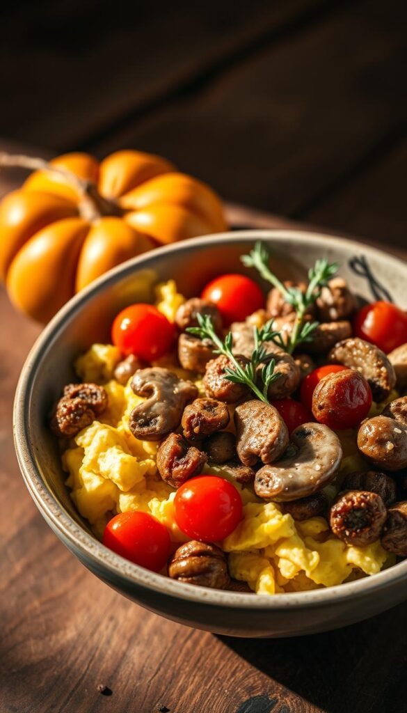 A cozy, savory breakfast bowl filled with steaming scrambled eggs, crumbled sausage, sautéed mushrooms, and roasted cherry tomatoes. The bowl is set on a rustic wooden table, bathed in warm, soft lighting that casts a gentle glow. Sprigs of fresh thyme and a sprinkle of cracked black pepper add the final touches to this comforting, homemade meal. The overall mood is inviting, earthy, and perfect for a leisurely fall morning.