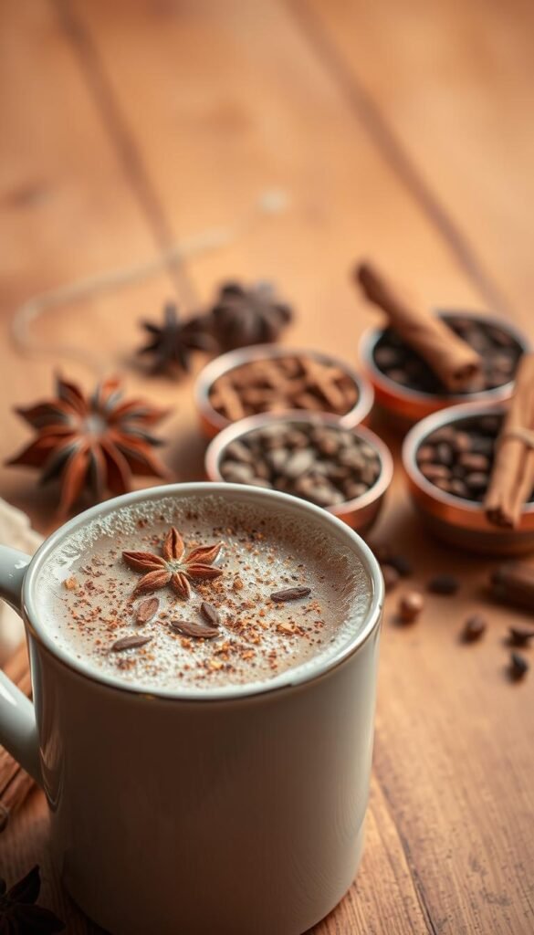 A cozy still life capturing the essence of chai spice. In the foreground, a steaming mug of chai tea, its surface adorned with a delicate foam and sprinkled with cinnamon, cardamom, and clove. In the middle ground, an assortment of spices in burnished copper bowls - whole star anise, cardamom pods, cinnamon sticks, and whole cloves. The background is a warm, rustic wooden table, illuminated by soft, golden lighting that casts a comforting glow over the scene. The overall mood is one of autumn comfort, inviting the viewer to savor the rich, aromatic flavors of the chai spice blend.