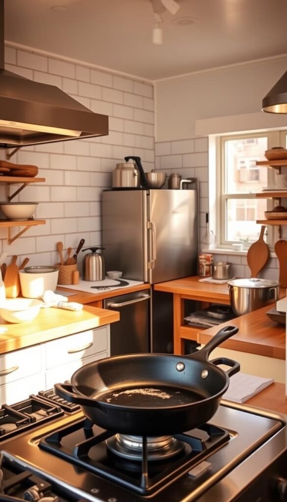 A cozy, well-equipped test kitchen bathed in warm, golden light. Sleek, modern stainless steel appliances gleam against a backdrop of white subway tiles. Wooden countertops are scattered with baking tools, bowls, and ingredients, hinting at the culinary creations in progress. In the foreground, an old-fashioned cast-iron skillet sits atop the stove, ready to be put to use. The atmosphere is one of focused, purposeful activity, with a touch of rustic charm - the perfect setting to develop and refine delectable holiday desserts.