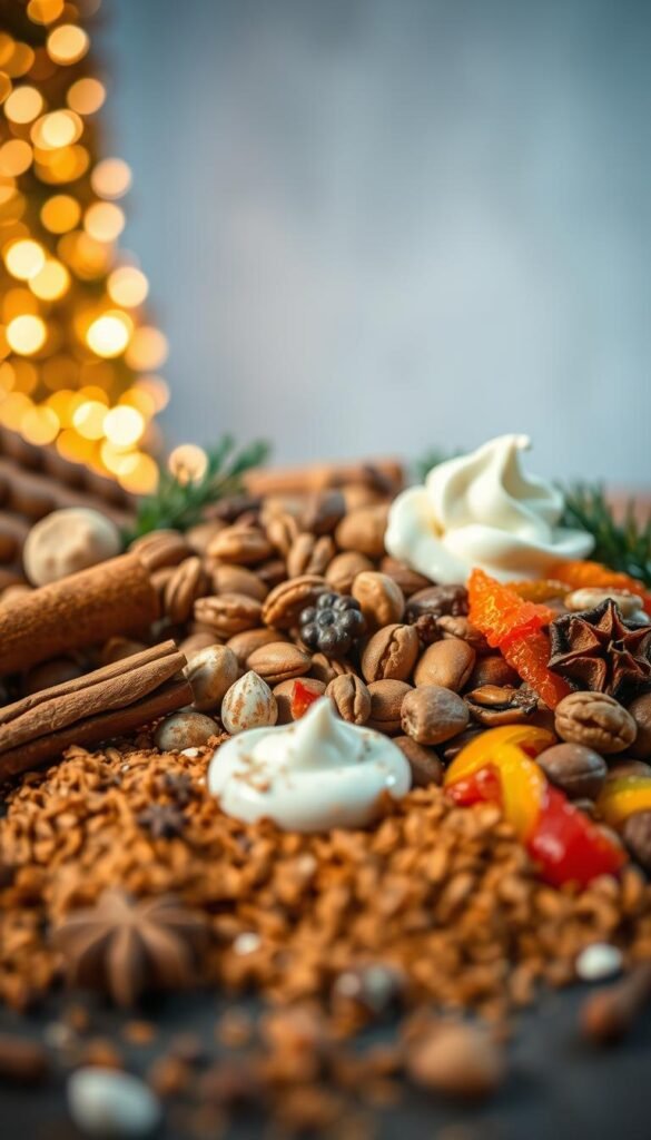 A delectable assortment of holiday baking toppings, artfully arranged against a backdrop of warm, festive lighting. In the foreground, a sprinkle of fragrant cinnamon, nutmeg, and cloves dance across the frame, hinting at the spices that will infuse the season's desserts. In the middle ground, a scattering of toasted nuts, candied citrus peels, and fluffy dollops of whipped cream create a symphony of textures, beckoning the viewer to imagine the indulgent treats they will adorn. The background is bathed in a soft, golden glow, evoking the cozy ambiance of a well-appointed kitchen, ready to welcome the culinary creations of the holiday season.