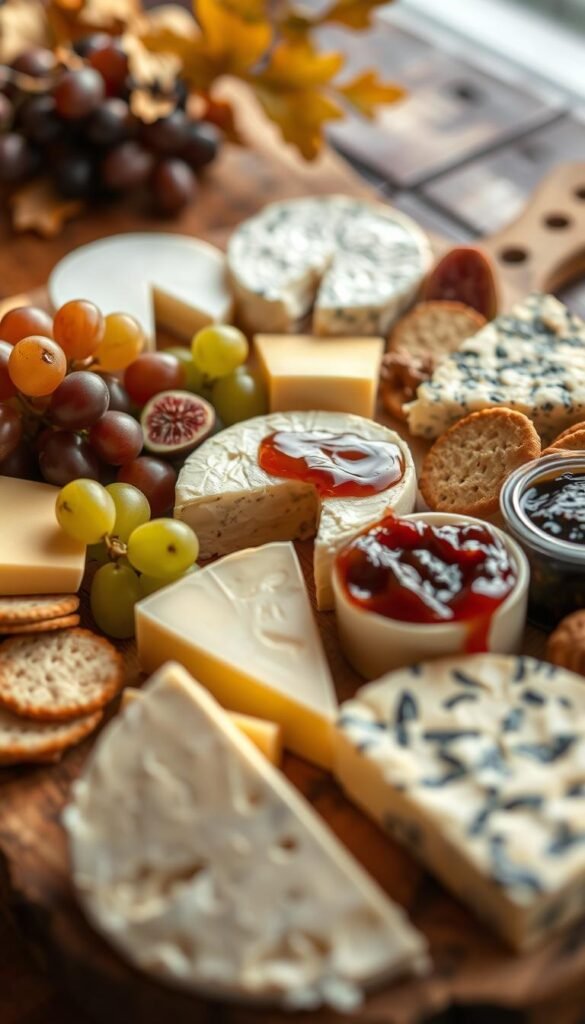 A delectable cheese platter with various artisanal cheeses, including creamy brie, sharp cheddar, and crumbly blue cheese, arranged on a rustic wooden board. The cheeses are accompanied by an assortment of fresh grapes, fig jam, and crisp crackers, creating a visually appealing and inviting display. The lighting is soft and warm, casting a gentle glow on the scene, and the camera angle captures the platter from a slightly elevated perspective, emphasizing the depth and texture of the cheeses. The overall mood is one of indulgence and sophistication, perfectly suited for a cozy fall gathering or holiday party.