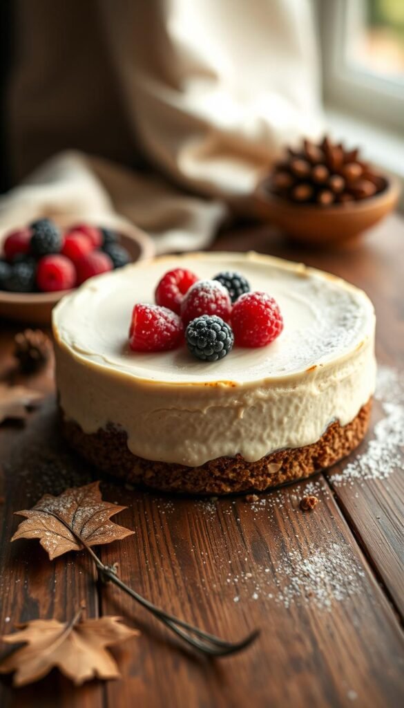 A delectable no-bake cheesecake on a wooden table, bathed in soft, warm lighting. The creamy, luscious filling sits atop a crisp graham cracker crust, garnished with fresh berries and a light dusting of powdered sugar. The dessert is framed by a neutral, cozy background, exuding an inviting, fall-inspired ambiance. The camera angle is slightly elevated, creating a tempting, close-up composition that showcases the rich texture and mouthwatering presentation of this crowd-pleasing treat.